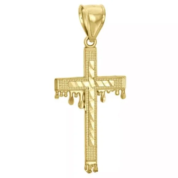 10K Yellow Gold Diamond Cut Raised Nugget Cross Pendant Blood Drip Charm 2